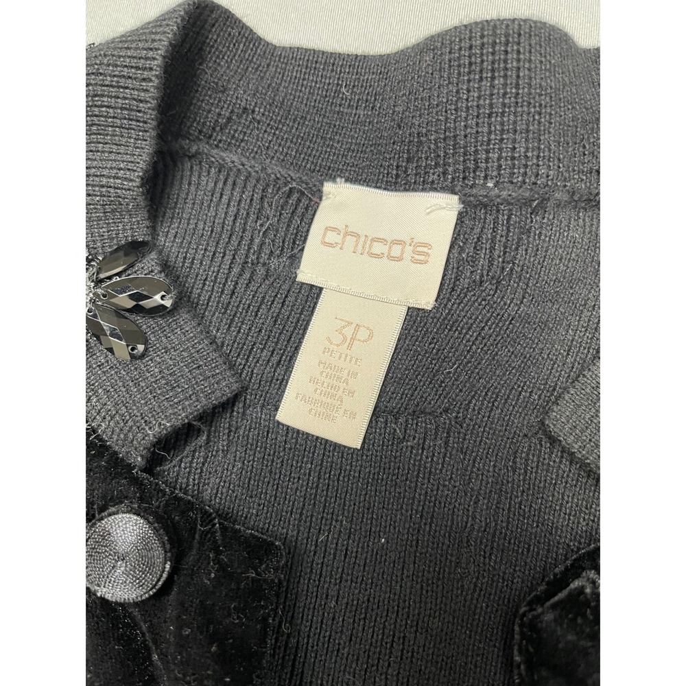 Chicos Black Beaded Lace Velvet Open Front‎ Cardigan Sweater Petite 3P - Picture 4 of 11